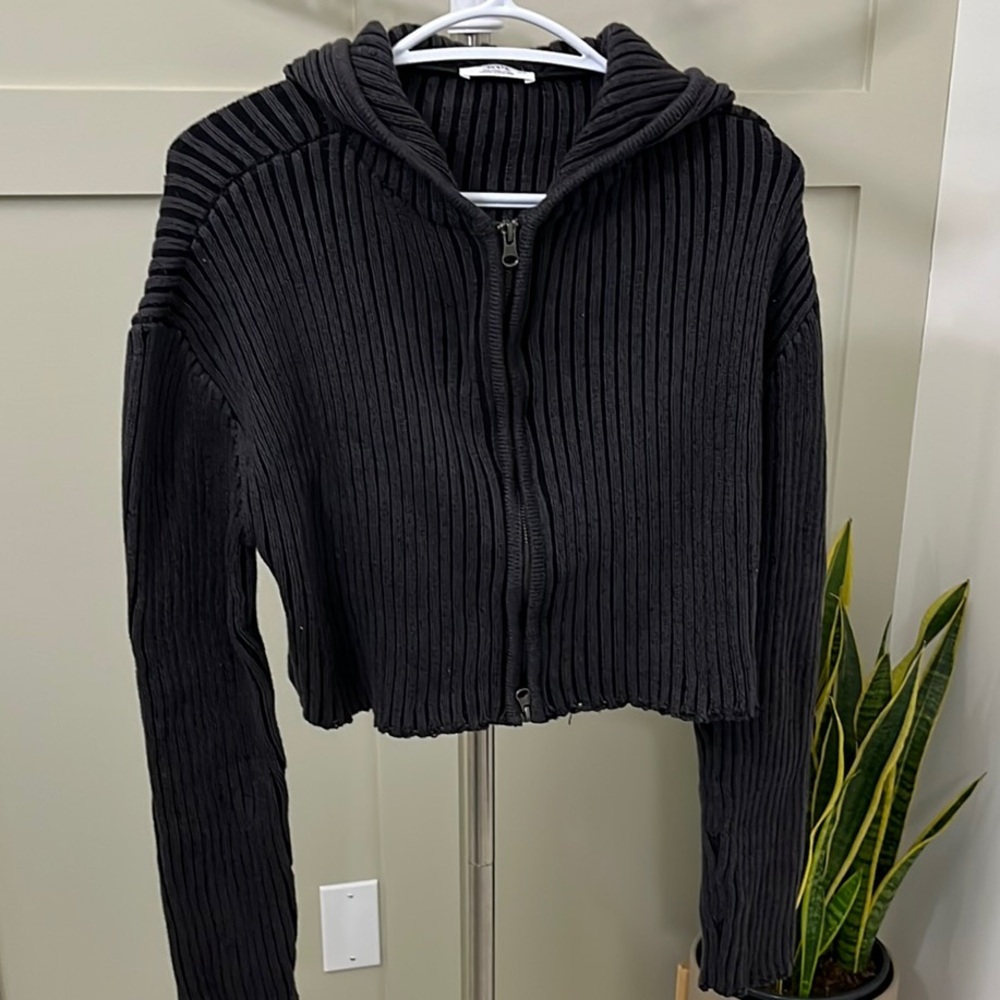 (NWT) Ardene - Women’s Rib Knit Zip-Up Hooded Sweater, Black, Medium